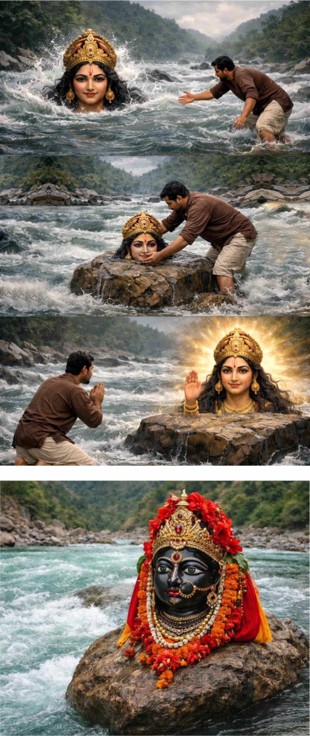 Maa Dhari Devi was the only sister among seven brothers. Their parents passed away when they were very young, so her brothers raised her with love and care. Maa Dhari Devi loved her brothers deeply. Even as a small child, she helped them and took care of the household. She shared a strong and pure bond with all her brothers. Over time, misunderstandings arose. The brothers were made to believe that their sister’s presence was unlucky for them. When five of the brothers passed away, the remaining two, filled with fear and grief, wrongly believed that their sister was the reason for their misfortune. Fearing for their own lives, they made a wrong decision and planned to kill her. When Maa Dhari Devi was only thirteen years old, They separated her head from her body and threw it into the river. The head flowed with the river and reached Dhari Village and the lower body flowed with the river and reached Mathiyana Khal village. during this, great flood arose in the holy Alaknanda River, shaking the mountains and villages along its banks. After the waters began to recede, the villager witnessed a miraculous sight the divine upper form of the Goddess appearing and flowing gently in the river. He wanted to help but was afraid because the river was deep. At that moment, he heard a divine voice assuring him of safety and asking him to save her. When he went closer, he realized it was not an ordinary human form, but a divine manifestation. The Goddess instructed him to place her sacred form on a stone at that very spot. This is how Maa Dhari Devi chose her holy place on a rock platform in the middle of the Alaknanda, near Dhari village, where she continues to be worshipped to this day on a rock under the open sky. Through this story, devotees believe that divine power never ends it appears in different forms to protect and guide the world.